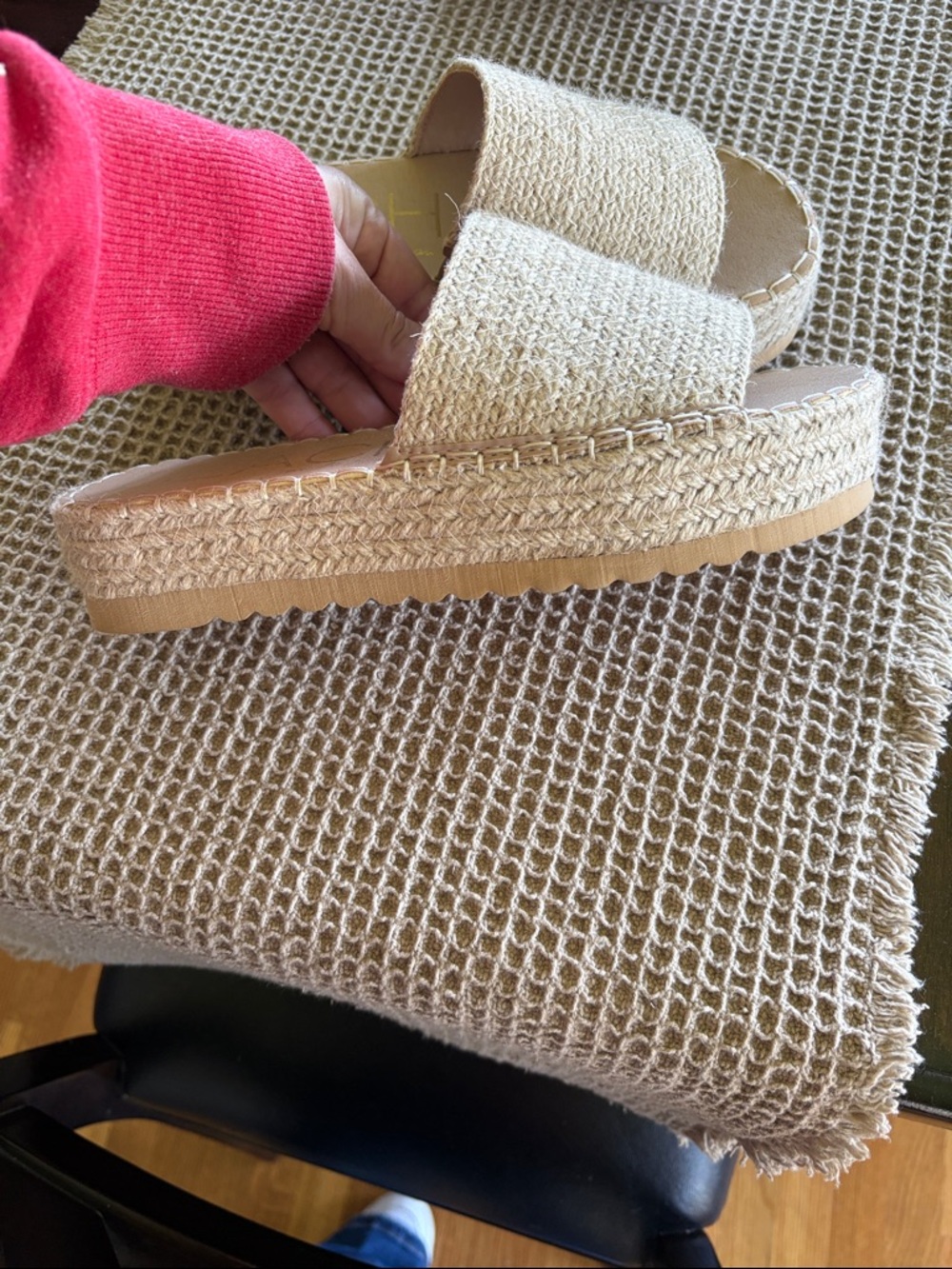 Beige Woven Platform Slide Sandals - worn once